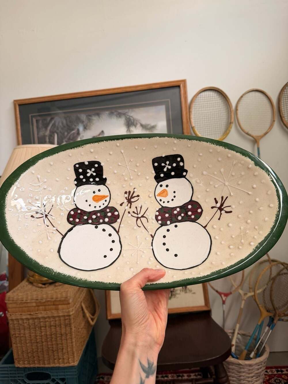 VTG Christmas Snowman Holiday Large Serving Platter Dish Hand Painted Ceramic